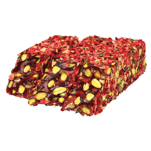 Pomegranate Flavoured Pistachio Delight Cut Coated With Rose Petals