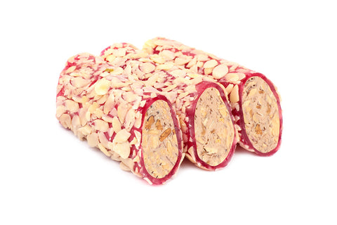 Pomegranate Flavoured Almond Cream Filled Delight Roll Coated With Hazelnut Fillets